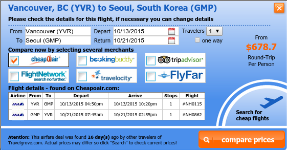 Cheap flight from Vancouver to Seoul