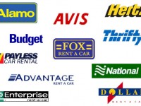 Logos of Avis, Alamo, Hertz, Enterprise, National, Budget, Dollar, Thrifty car rental companies