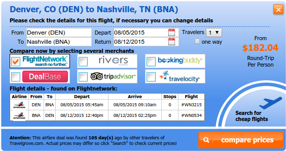 Cheap flight deal from Denver to Nashville