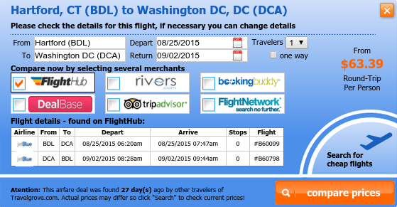 Hartford to Washington flight deal