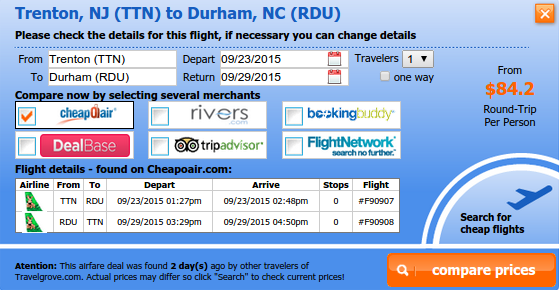 Flight deal from Trenton to Durham