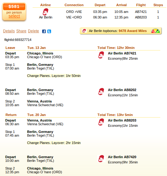 Air Berlin flight from Chicago to Vienna