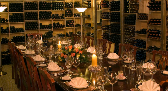 Dining in the wine cellar of Graycliff Hotel